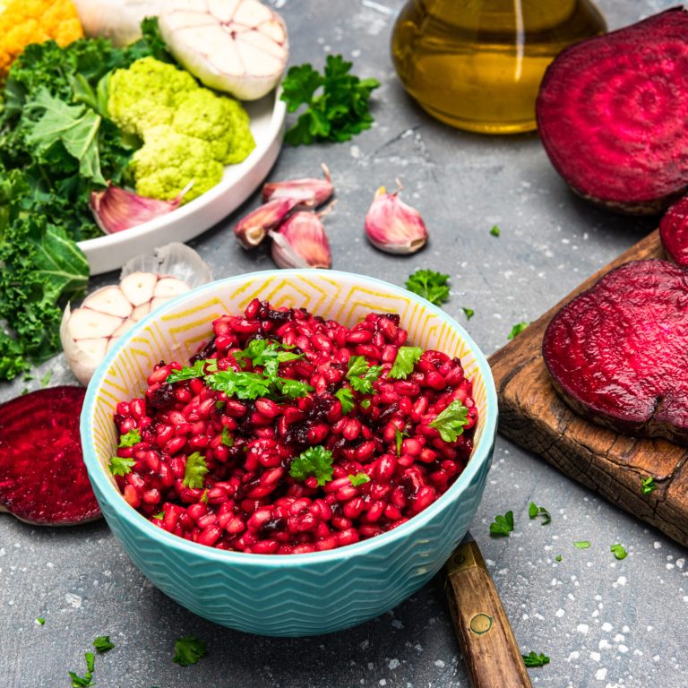 Cooking Vegetarian Plant Based Food. Buckwheat Groats with Beetroot and Parsley.